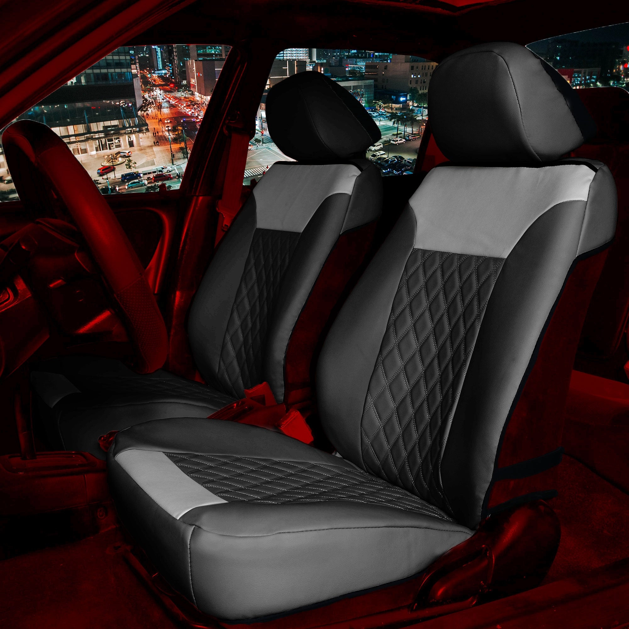Deluxe Faux Leather Diamond Pattern Car Seat Cushions - Front Set Gray / Black