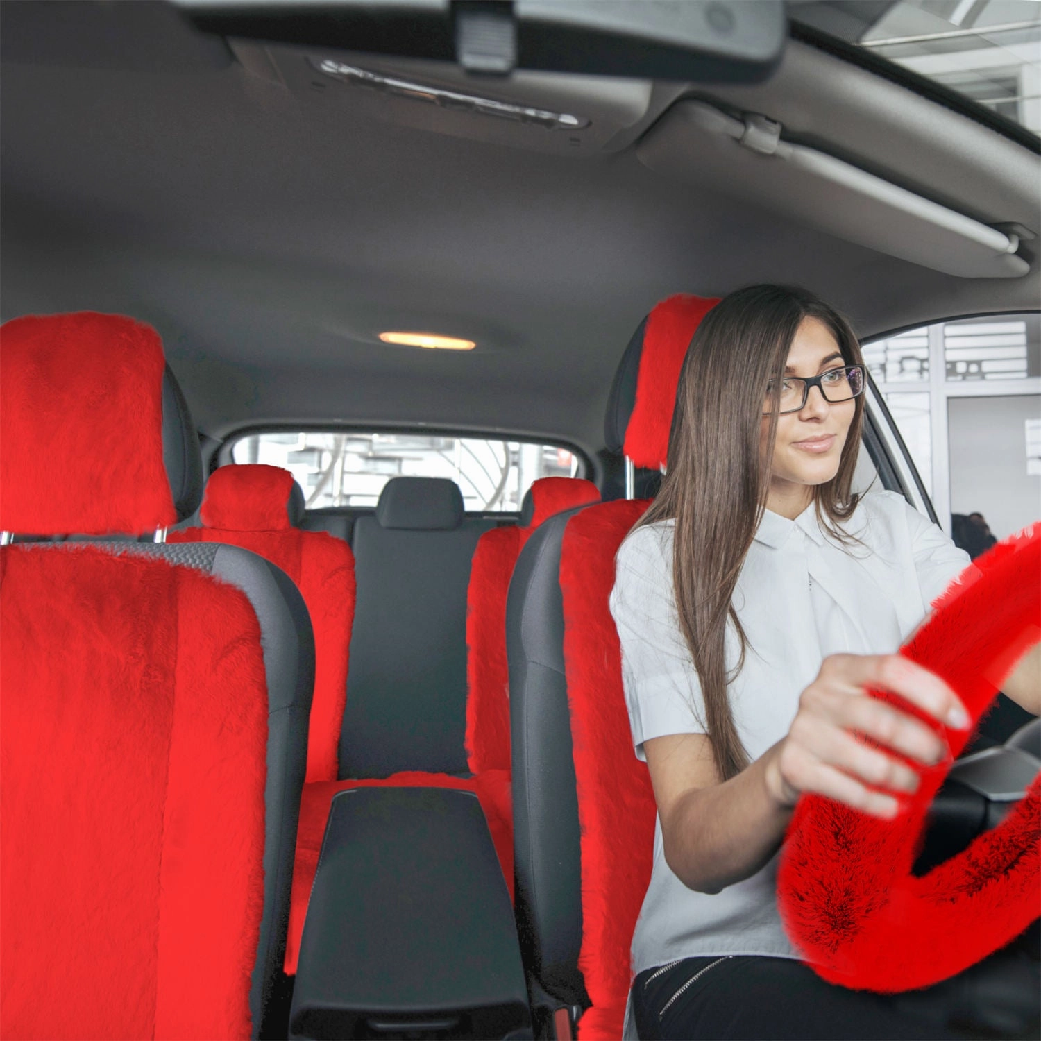 Doe16 Faux Rabbit Fur Car Seat Cushions - Front Set Red