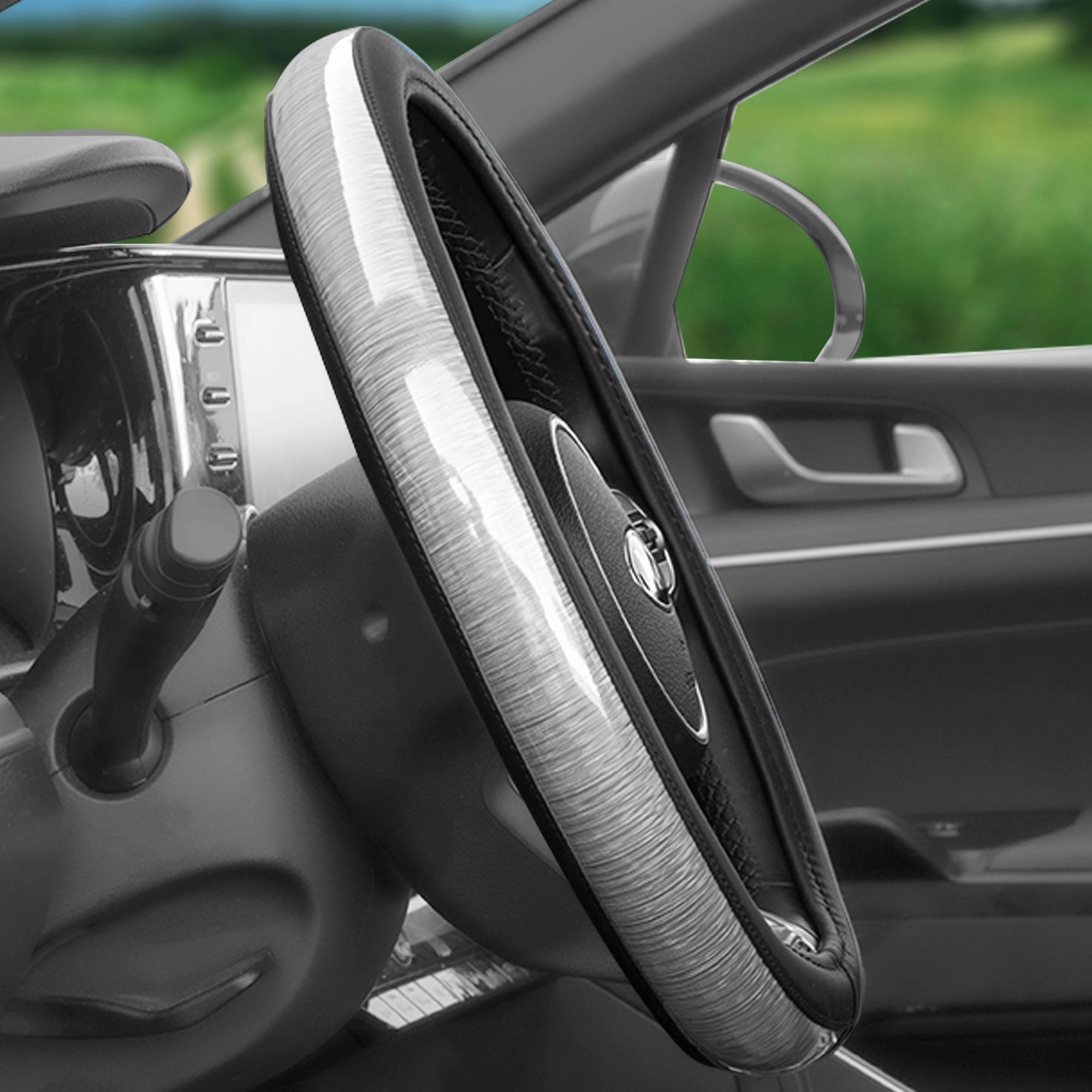 Galaxy13 Metallic Striped Steering Wheel Cover Silver