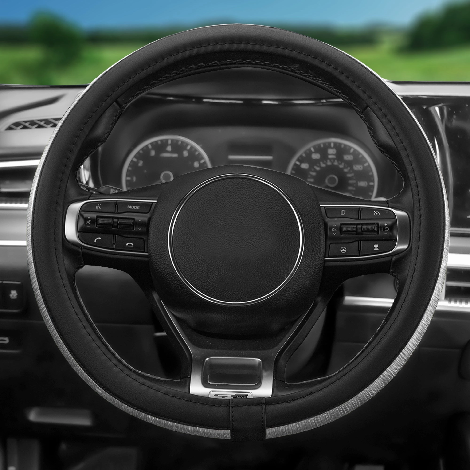 Galaxy13 Metallic Striped Steering Wheel Cover Silver