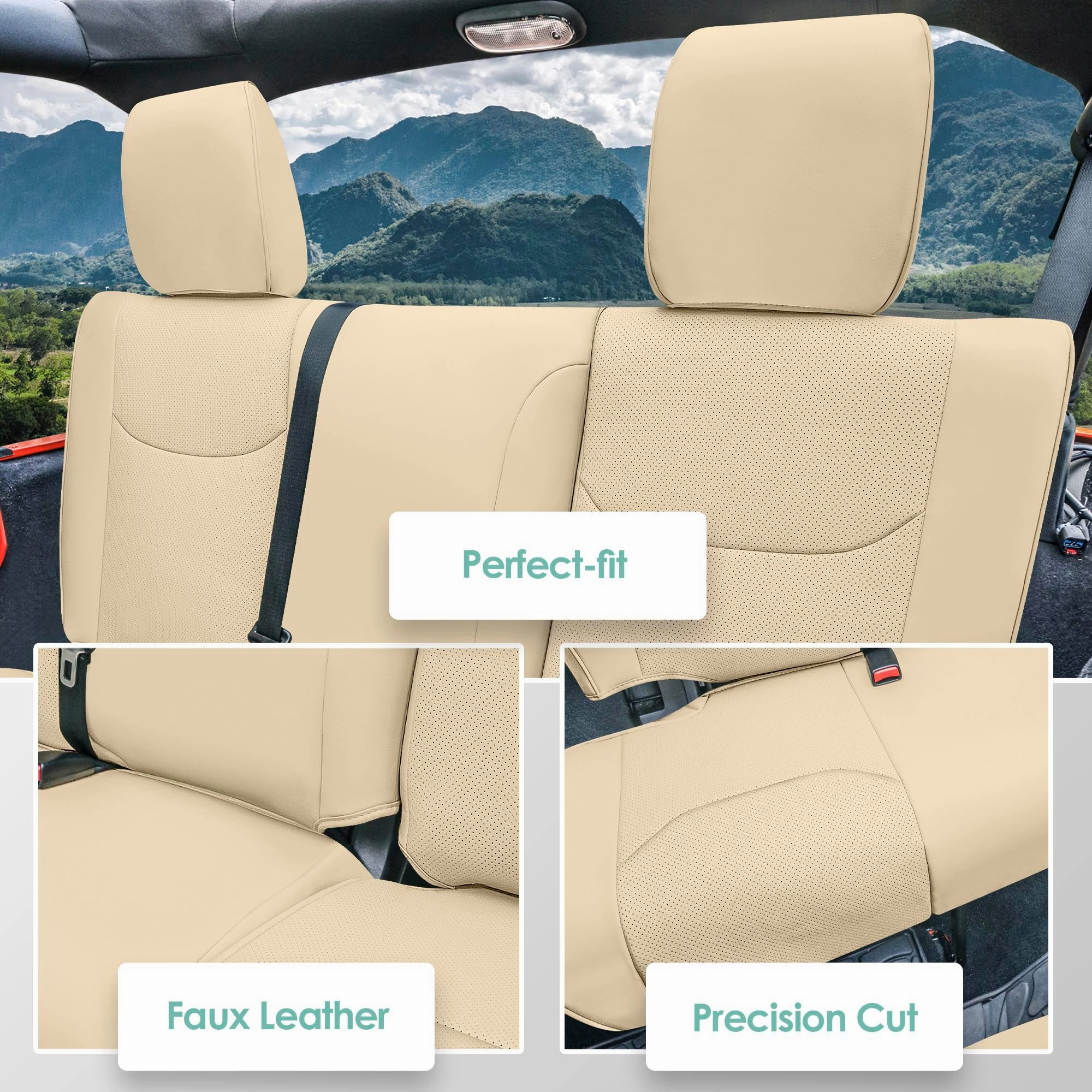 Jeep Wrangler JK 4-Door 2007-2017 - Rear Set Seat Covers - Solid Beige Faux Leather