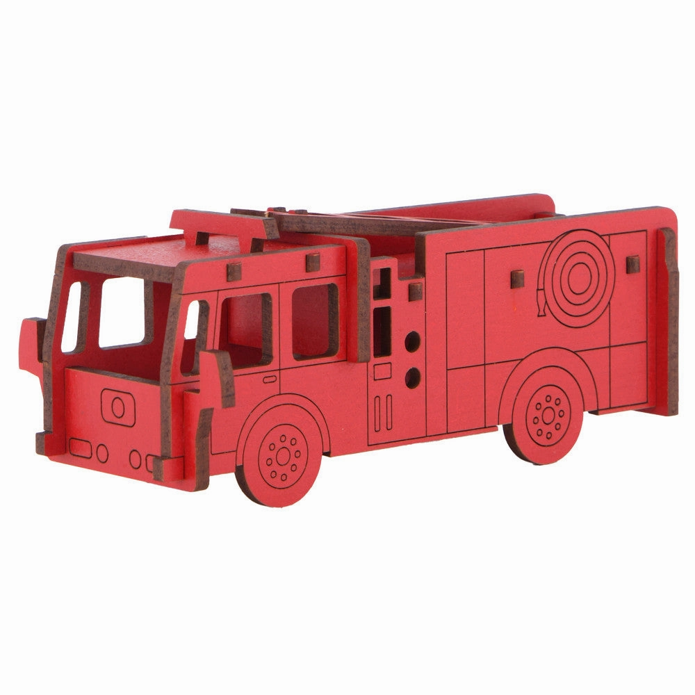Little & Wood: Fiery Fun! 3D Fire Engine Wooden Kit-Set - Medium, Red