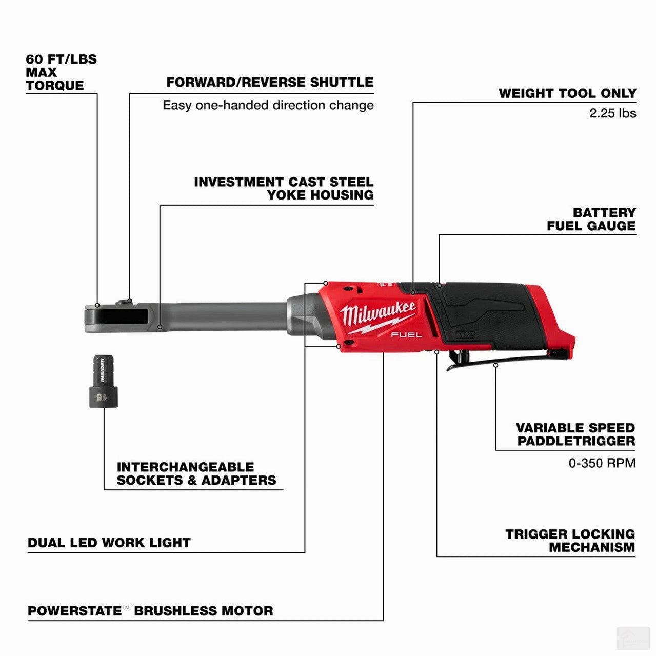 Milwaukee M12 FUEL INSIDER Extended Reach Box Ratchet 3050-20
