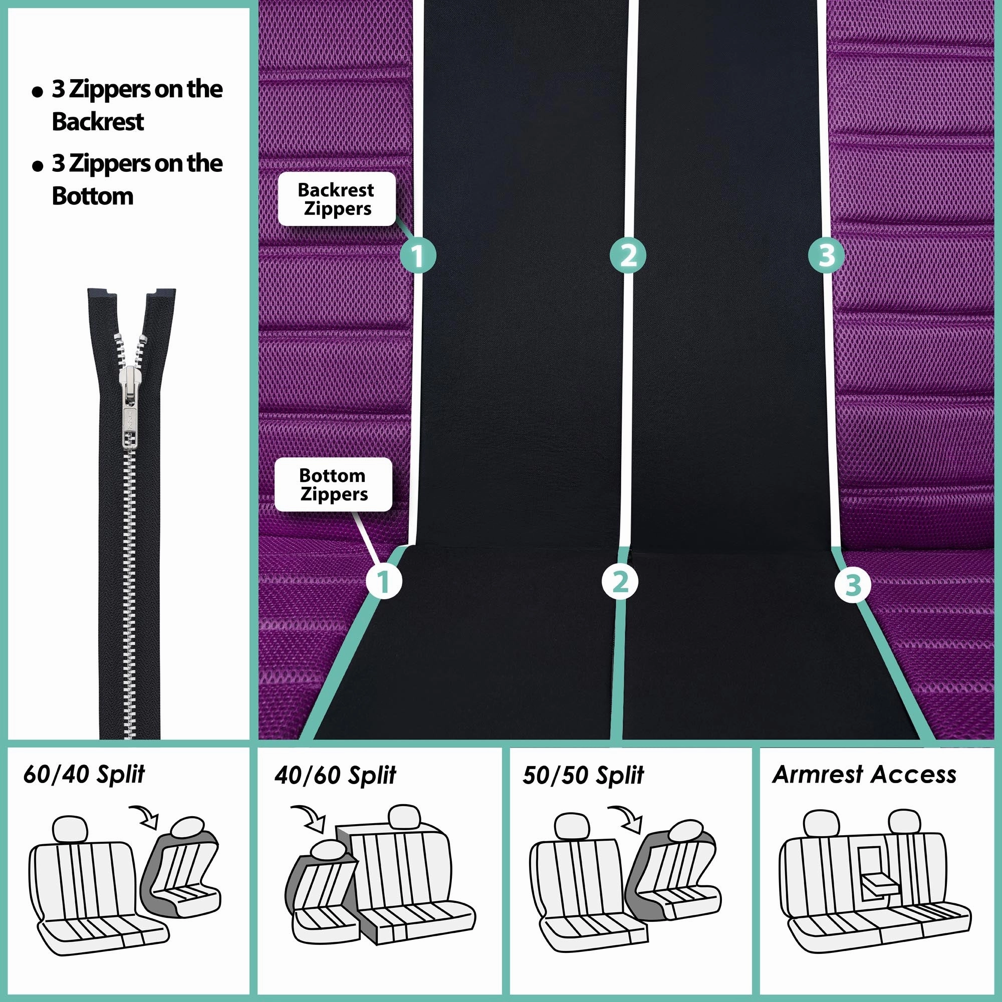 Premium 3D Air Mesh Seat Covers - Rear Purple