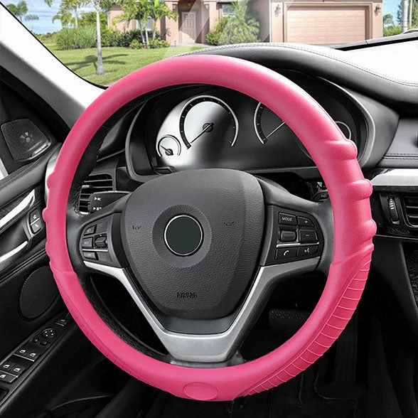 Silicone Steering Wheel Cover with Grip Marks Baby Pink