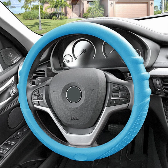 Silicone Steering Wheel Cover with Grip Marks Light Blue