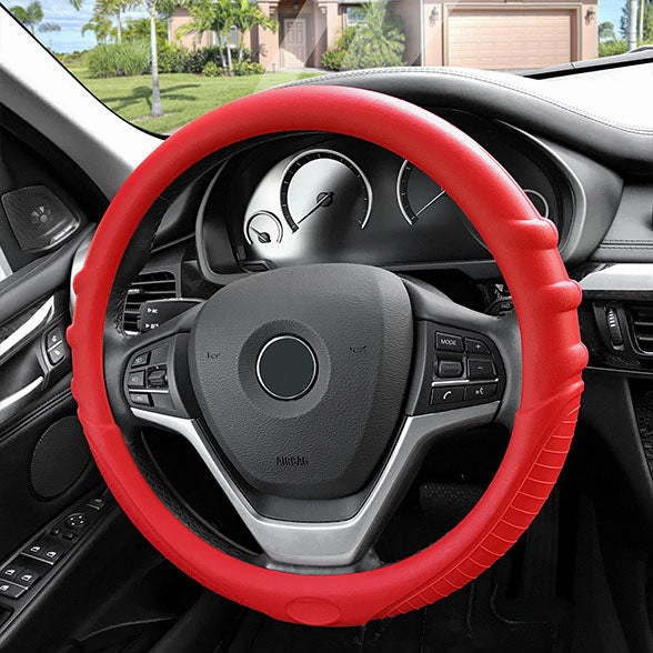 Silicone Steering Wheel Cover with Grip Marks Red