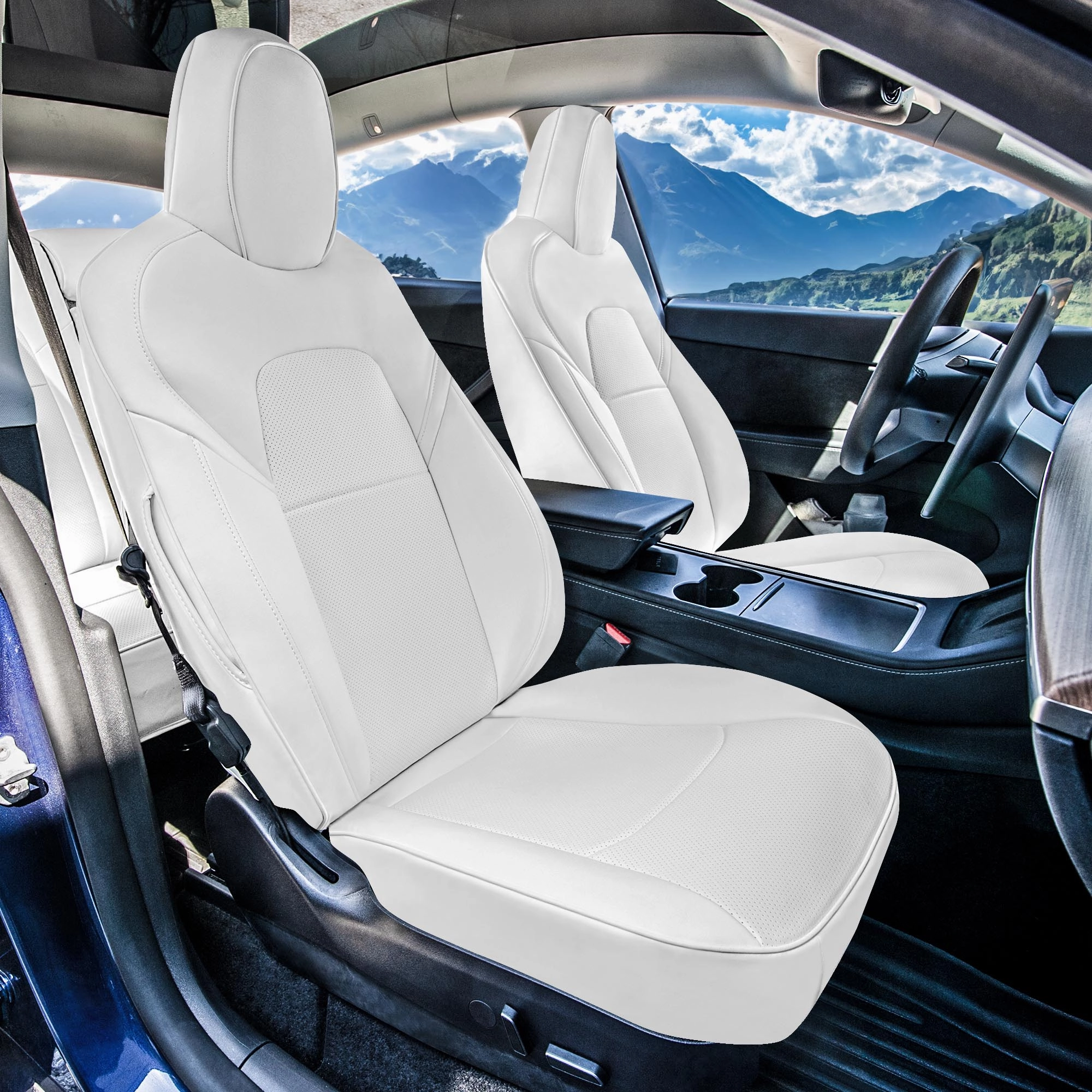 Tesla Model Y 2020 - 2024 - Front Set Seat Covers - Solid White Faux Leather