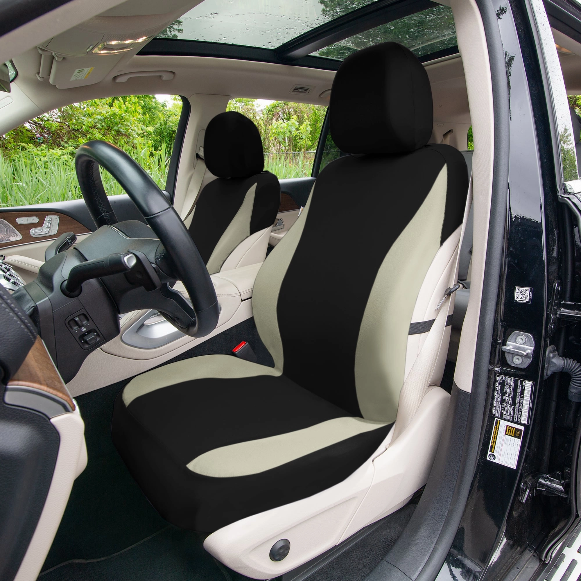 TLH Classic Flat Cloth Car Seat Covers Full Set - Beige / Black