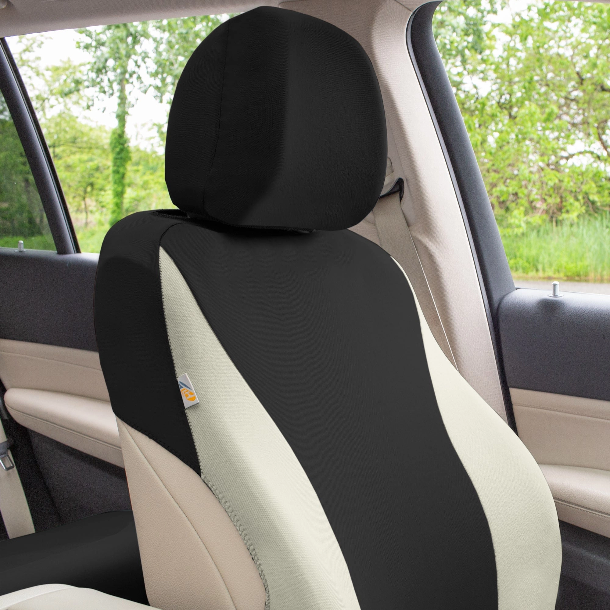TLH Classic Flat Cloth Car Seat Covers Full Set - Beige / Black