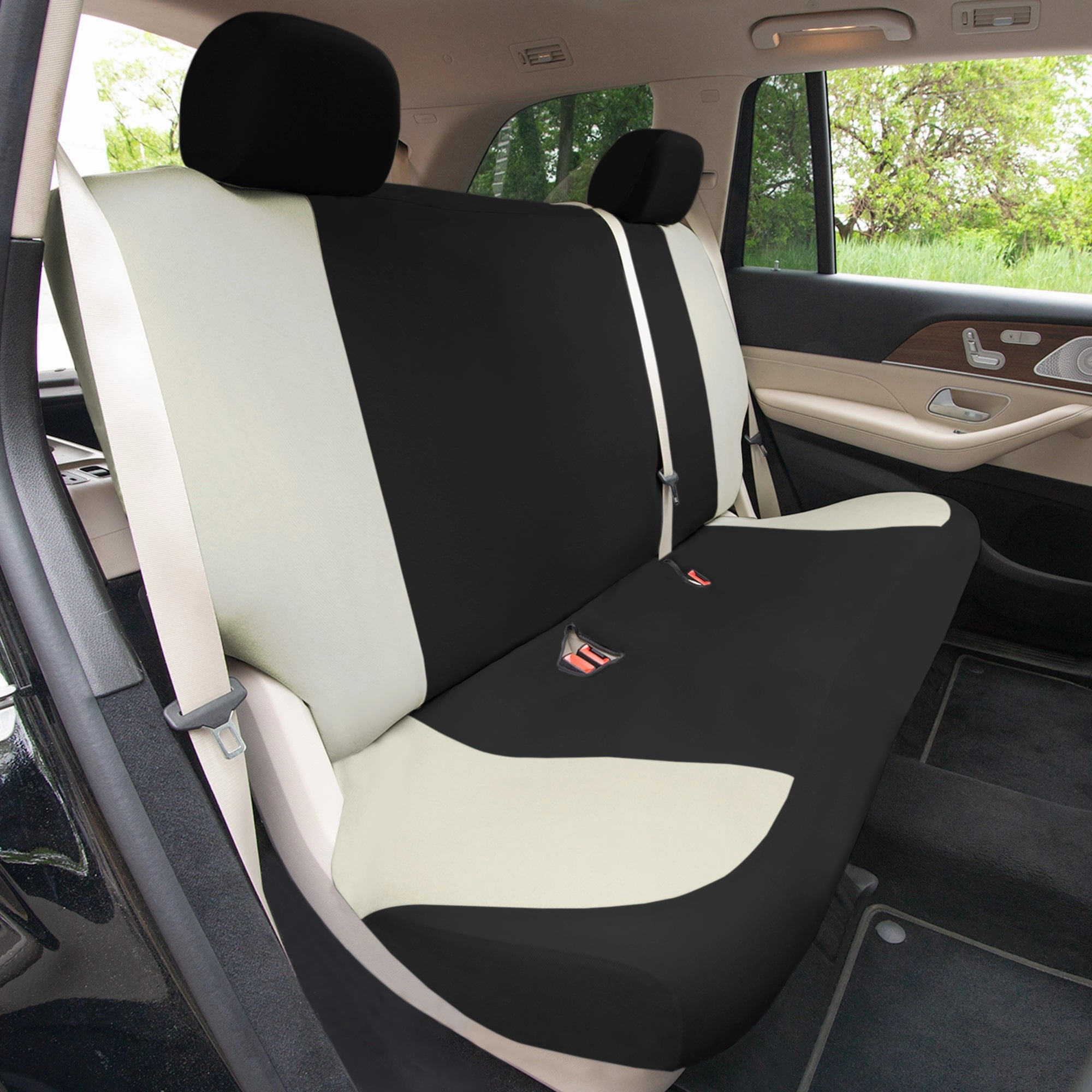 TLH Classic Flat Cloth Car Seat Covers Full Set - Beige / Black