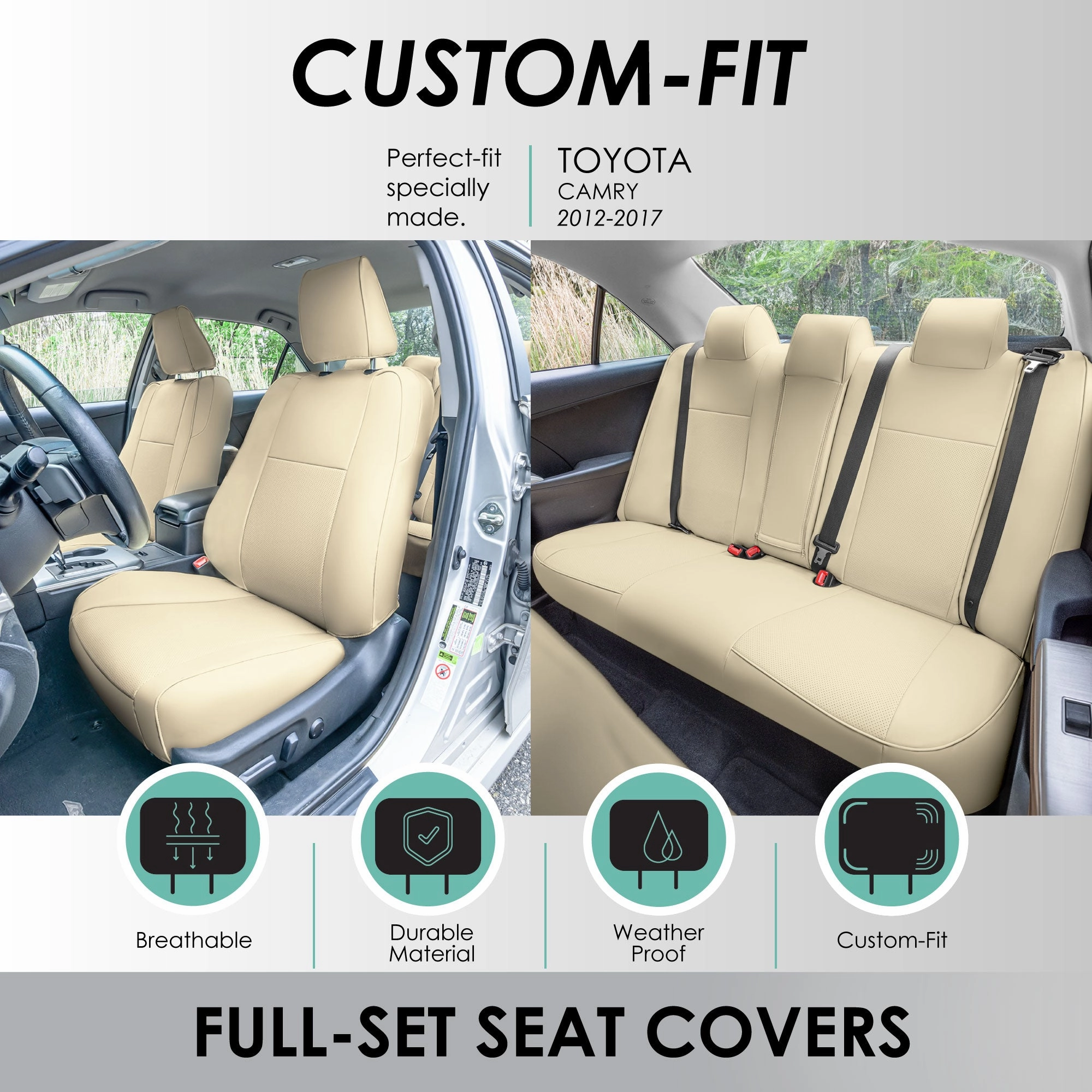 Toyota Camry LE | SE | XSE | XLE  2012-2017 - Full Set Seat Covers - Beige Faux Leather