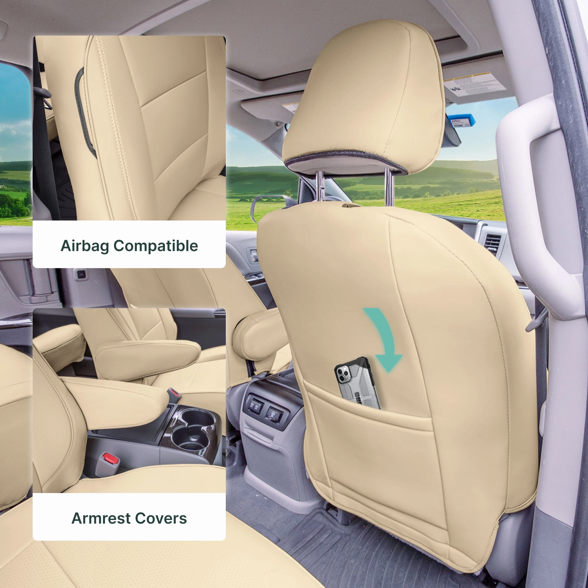 Toyota Sienna 7 Passenger 2011 - 2020 - Full Set Seat Covers - Solid Beige Faux Leather