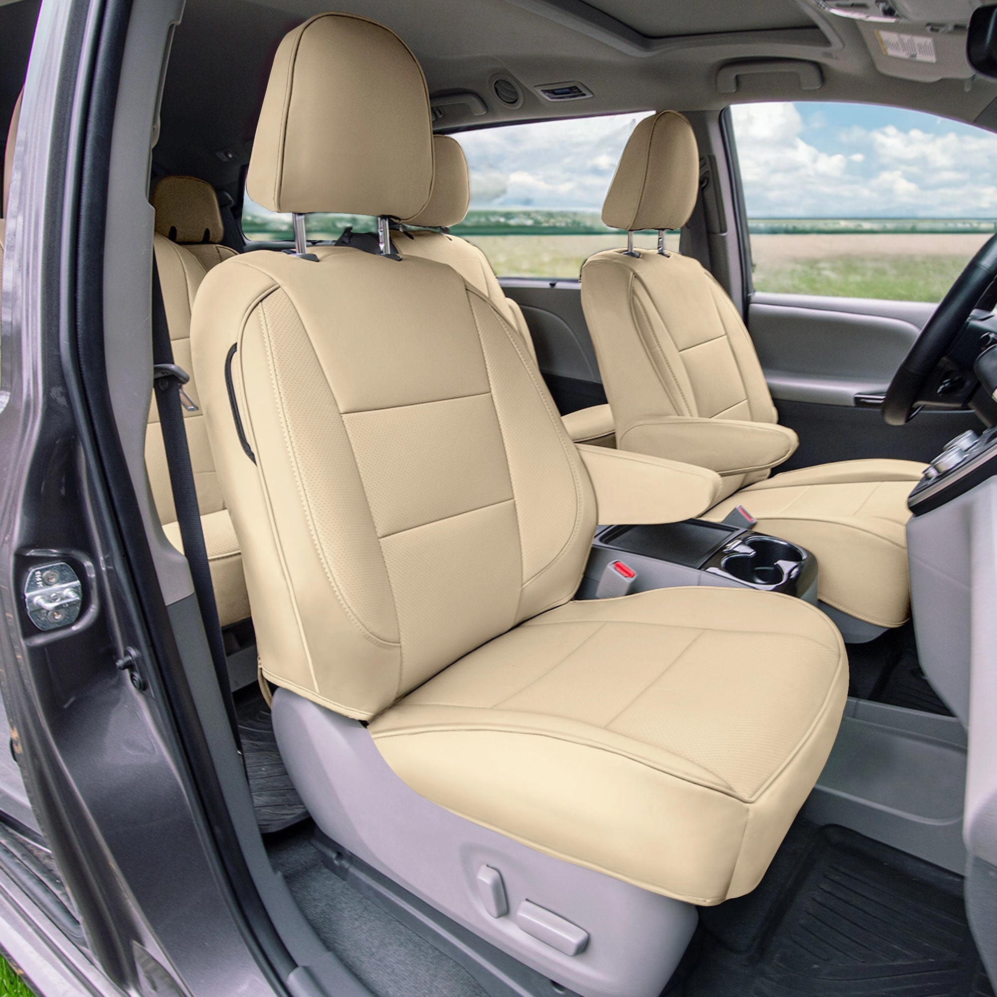 Toyota Sienna 8 Passenger 2011 - 2020 - Full Set Seat Covers - Solid Beige Faux Leather