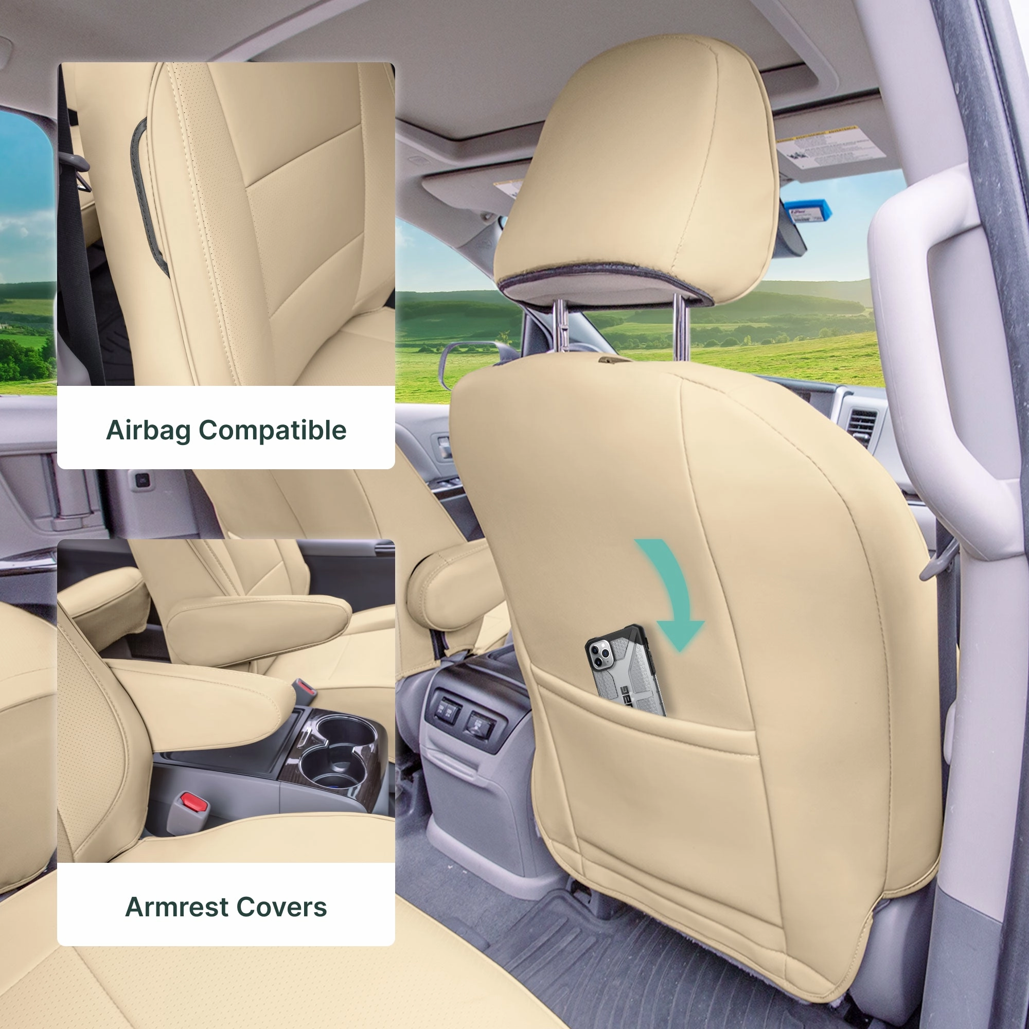Toyota Sienna 8 Passenger 2011 - 2020 - Full Set Seat Covers - Solid Beige Faux Leather