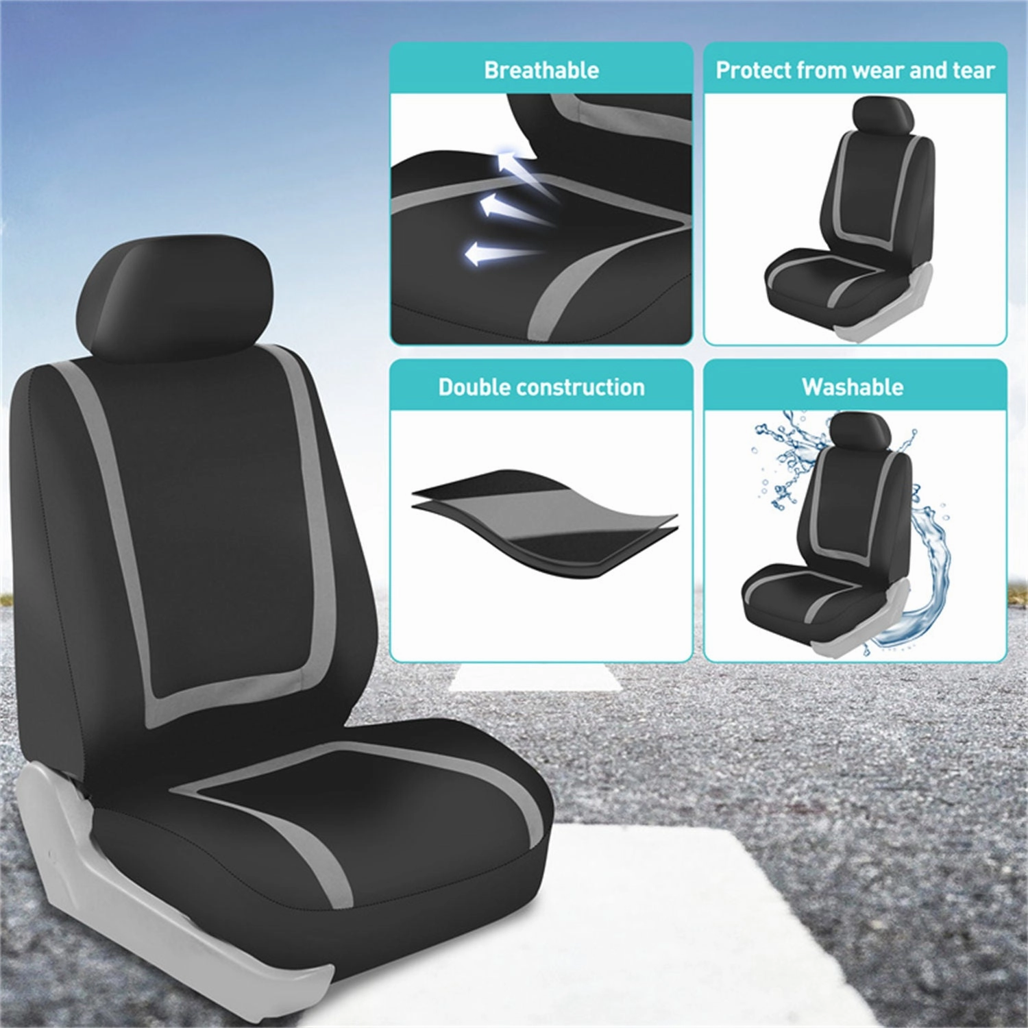 Unique Flat Cloth Seat Covers - Front Set Gray